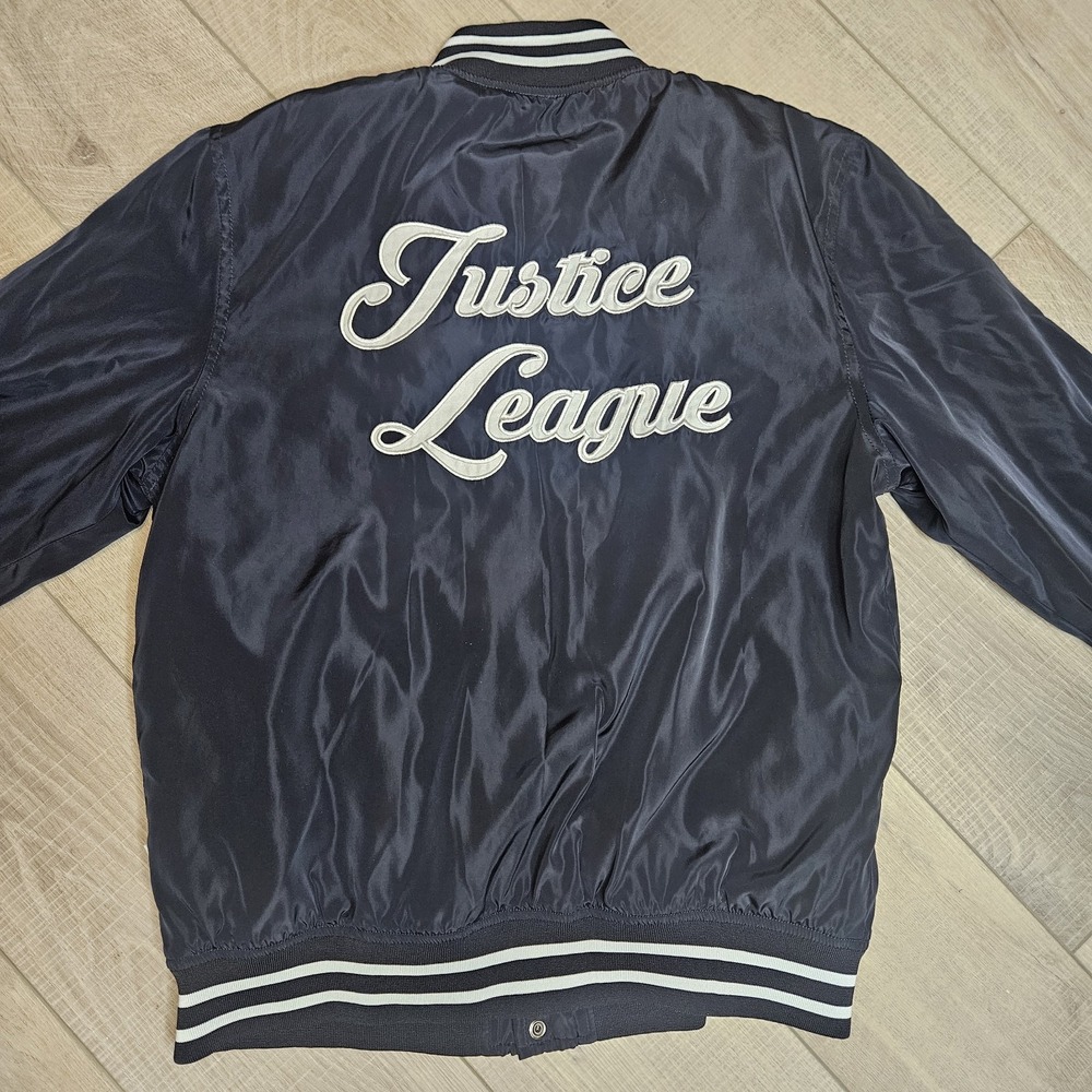 Justice League Satin Bomber Jacket Size XL Black Defenders Of Earth